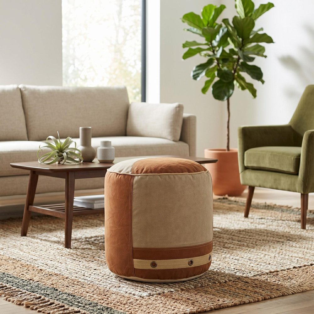 Tan Cotton Striped Cylinder Pouf Ottoman - 16-inch