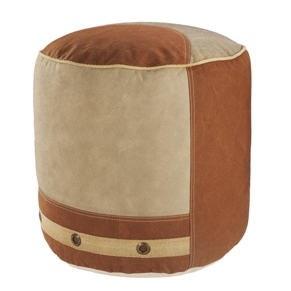 Tan Cotton Striped Cylinder Pouf Ottoman - 16-inch