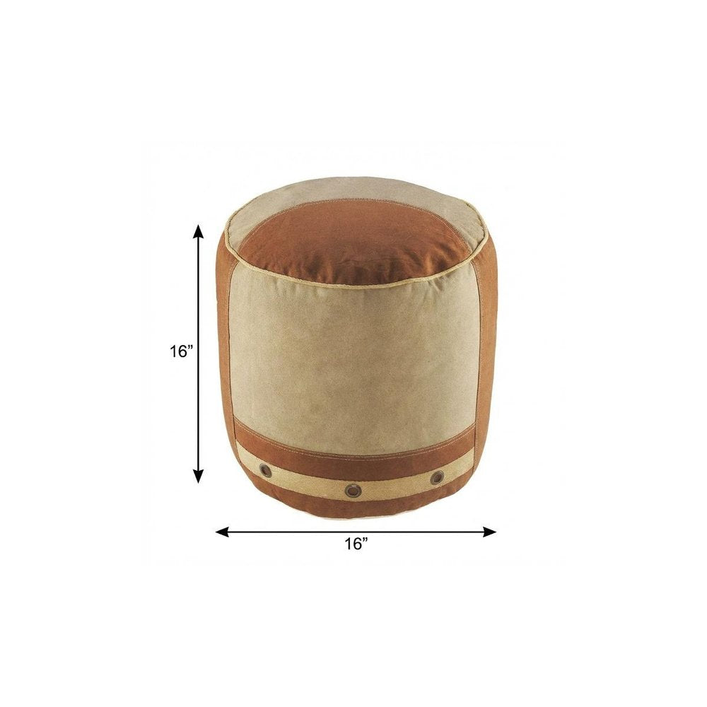 Tan Cotton Striped Cylinder Pouf Ottoman - 16-inch