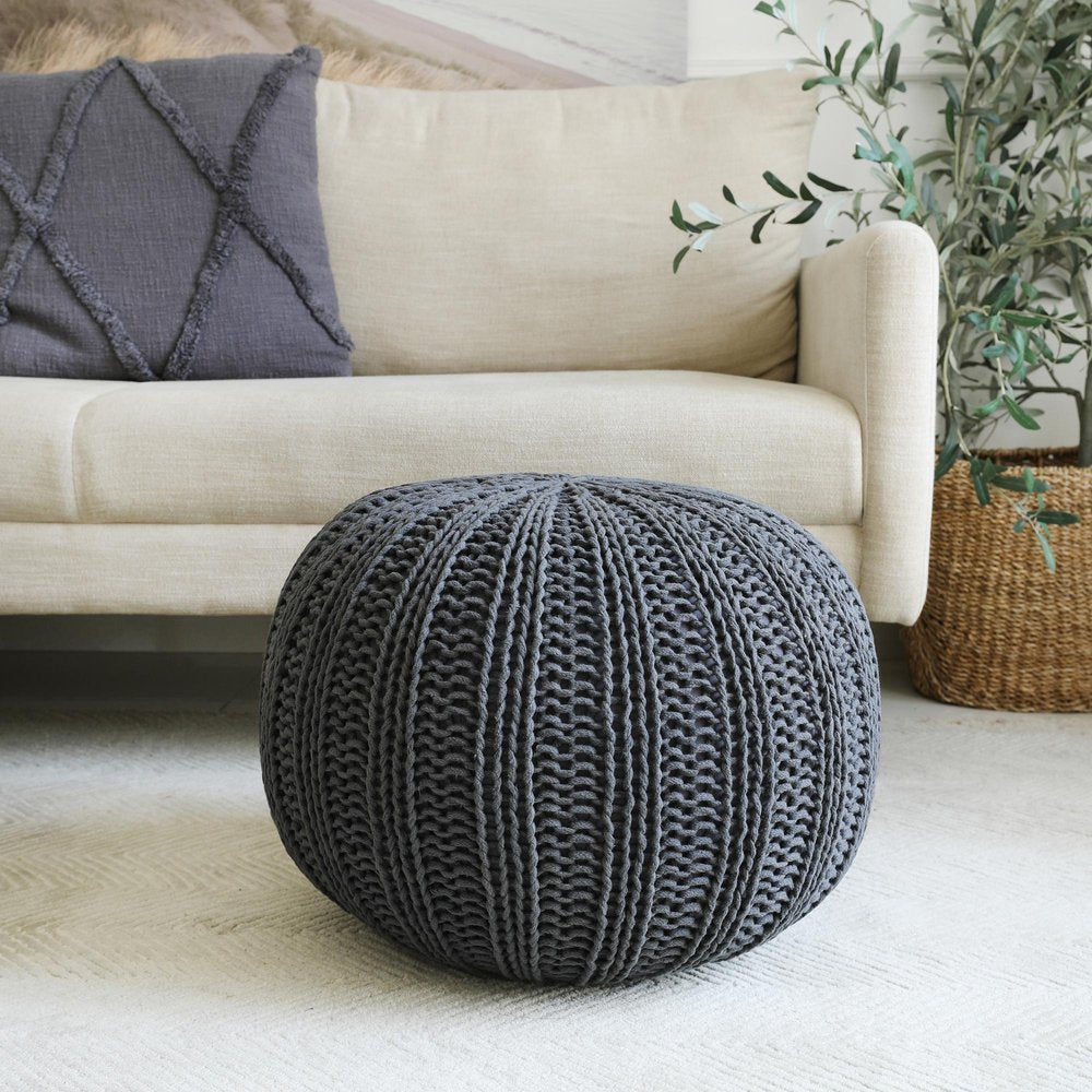 Gray Cotton Round Pouf Ottoman - 20-inch