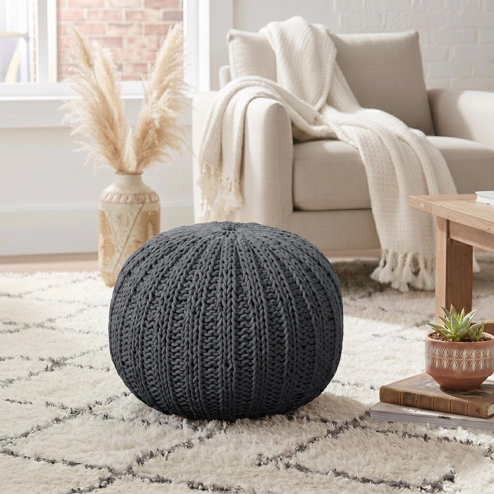 Gray Cotton Round Pouf Ottoman - 20-inch