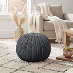 Gray Cotton Round Pouf Ottoman - 20-inch