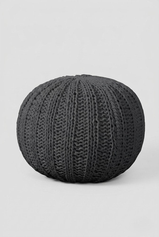 Gray Cotton Round Pouf Ottoman - 20-inch