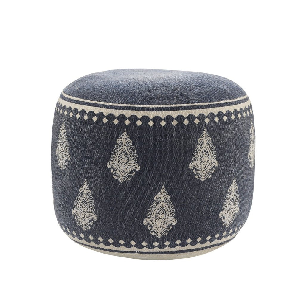 Blue Cotton Cylinder Paisley Pouf Ottoman - 18-inch