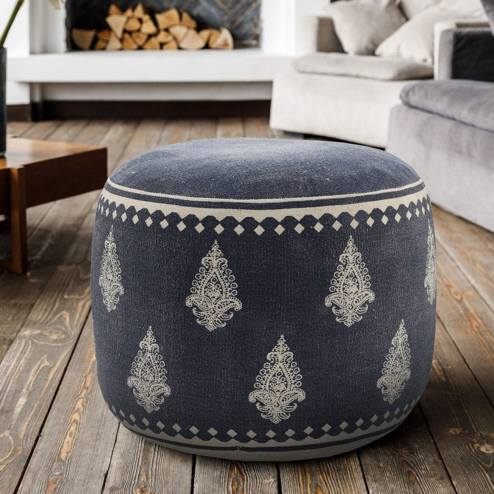 Blue Cotton Cylinder Paisley Pouf Ottoman - 18-inch