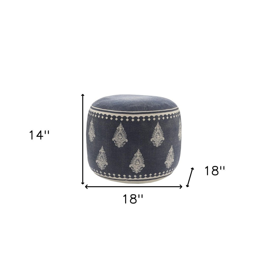 Blue Cotton Cylinder Paisley Pouf Ottoman - 18-inch