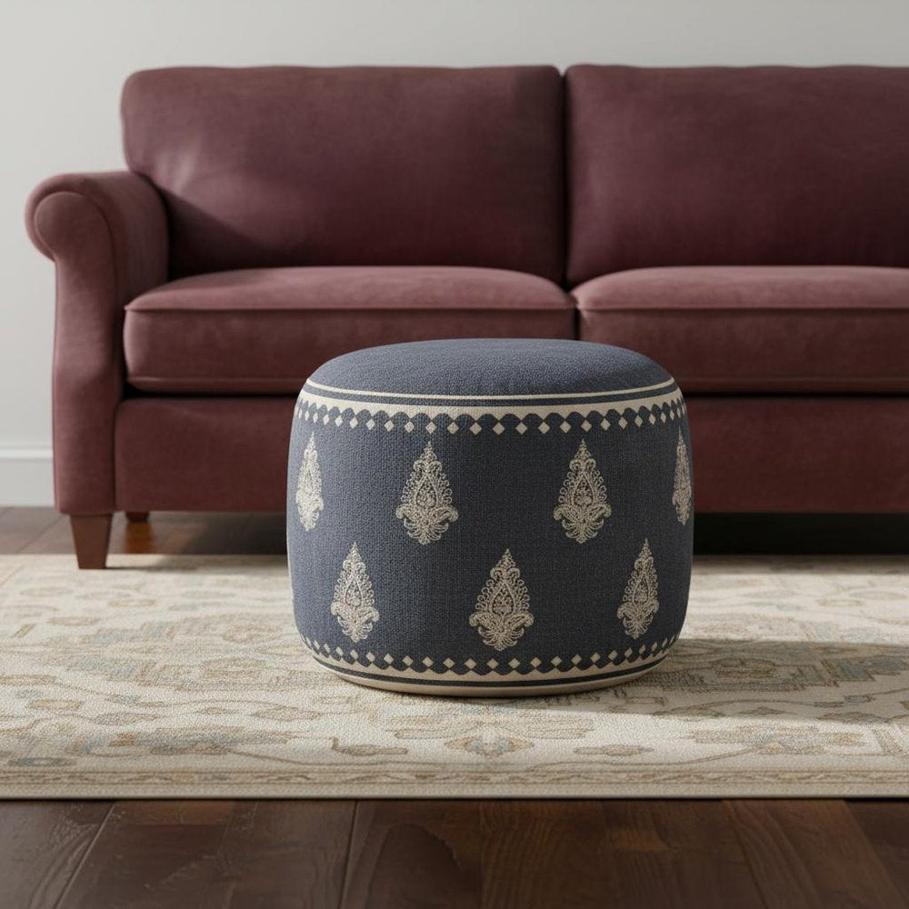 Blue Cotton Cylinder Paisley Pouf Ottoman - 18-inch