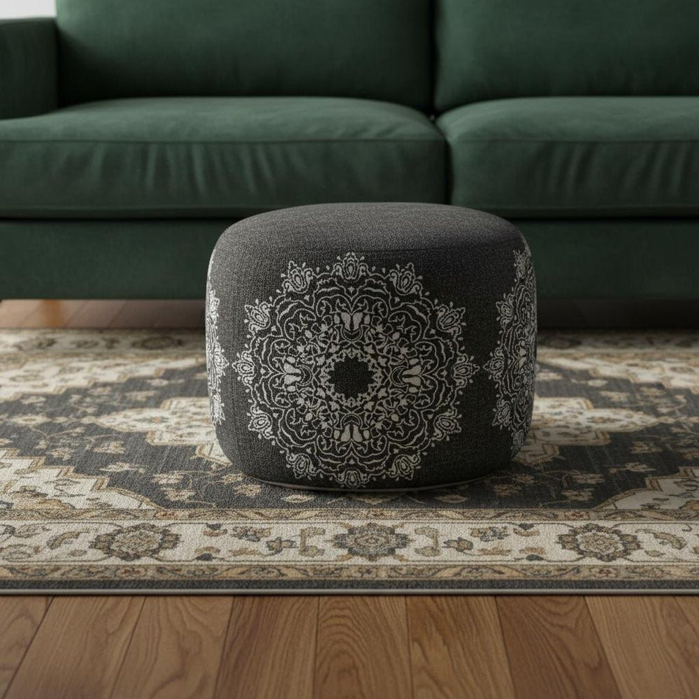 Black Cotton Medallion Cylinder Pouf Ottoman - 18-inch