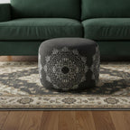 Black Cotton Medallion Cylinder Pouf Ottoman - 18-inch