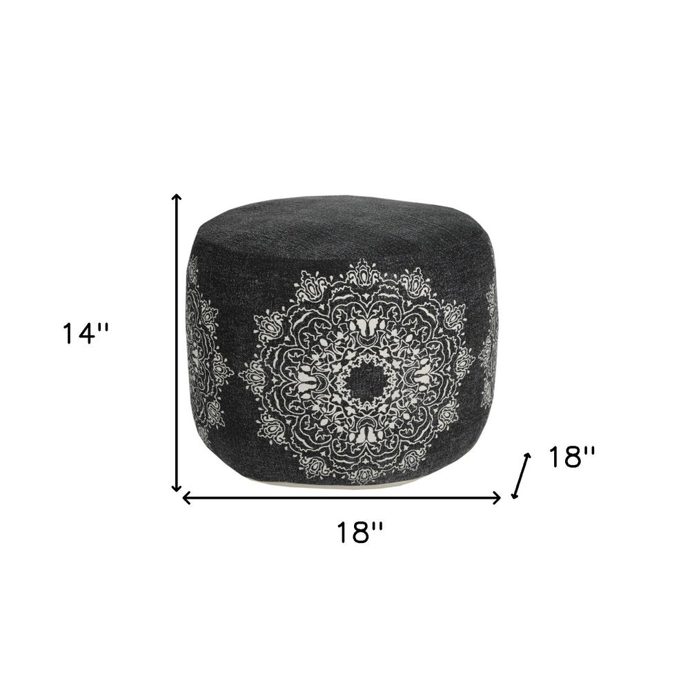 Black Cotton Medallion Cylinder Pouf Ottoman - 18-inch