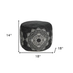 Black Cotton Medallion Cylinder Pouf Ottoman - 18-inch