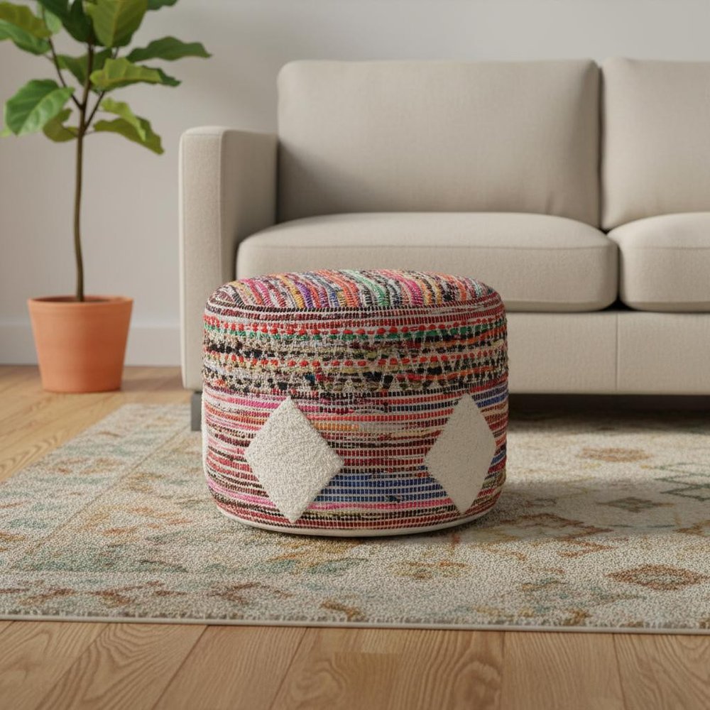 Rainbow Geometric Cylinder Pouf Ottoman - 18-inch