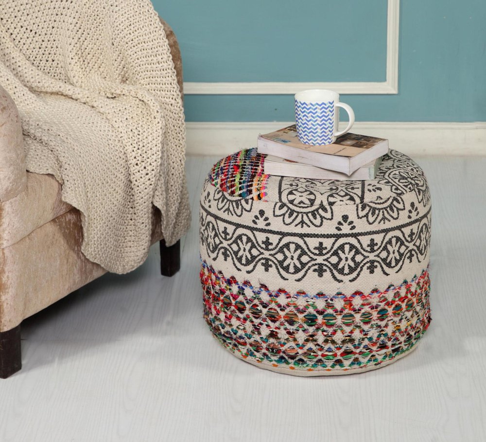 Rainbow and Gray Geometric Cylinder Pouf Ottoman - 18-inch