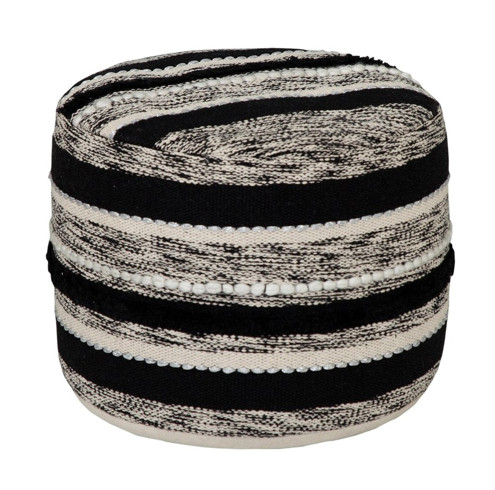 White Cotton Cylinder Striped Pouf Ottoman - 18-inch
