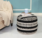 White Cotton Cylinder Striped Pouf Ottoman - 18-inch