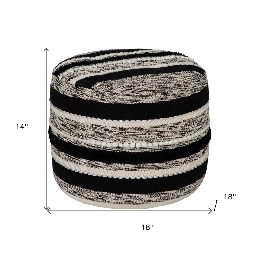 White Cotton Cylinder Striped Pouf Ottoman - 18-inch