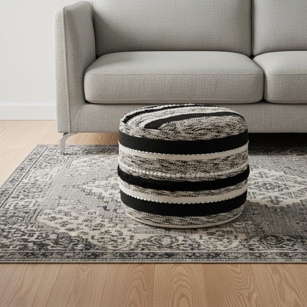 White Cotton Cylinder Striped Pouf Ottoman - 18-inch