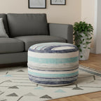 Blue Cotton Striped Cylinder Pouf Ottoman - 18-inch