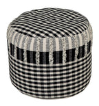 Black Cotton Cylinder Plaid Pouf Ottoman - 18-inch