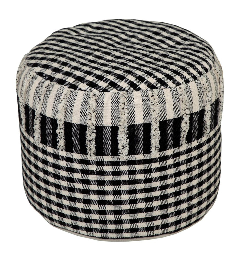 Black Cotton Cylinder Plaid Pouf Ottoman - 18-inch