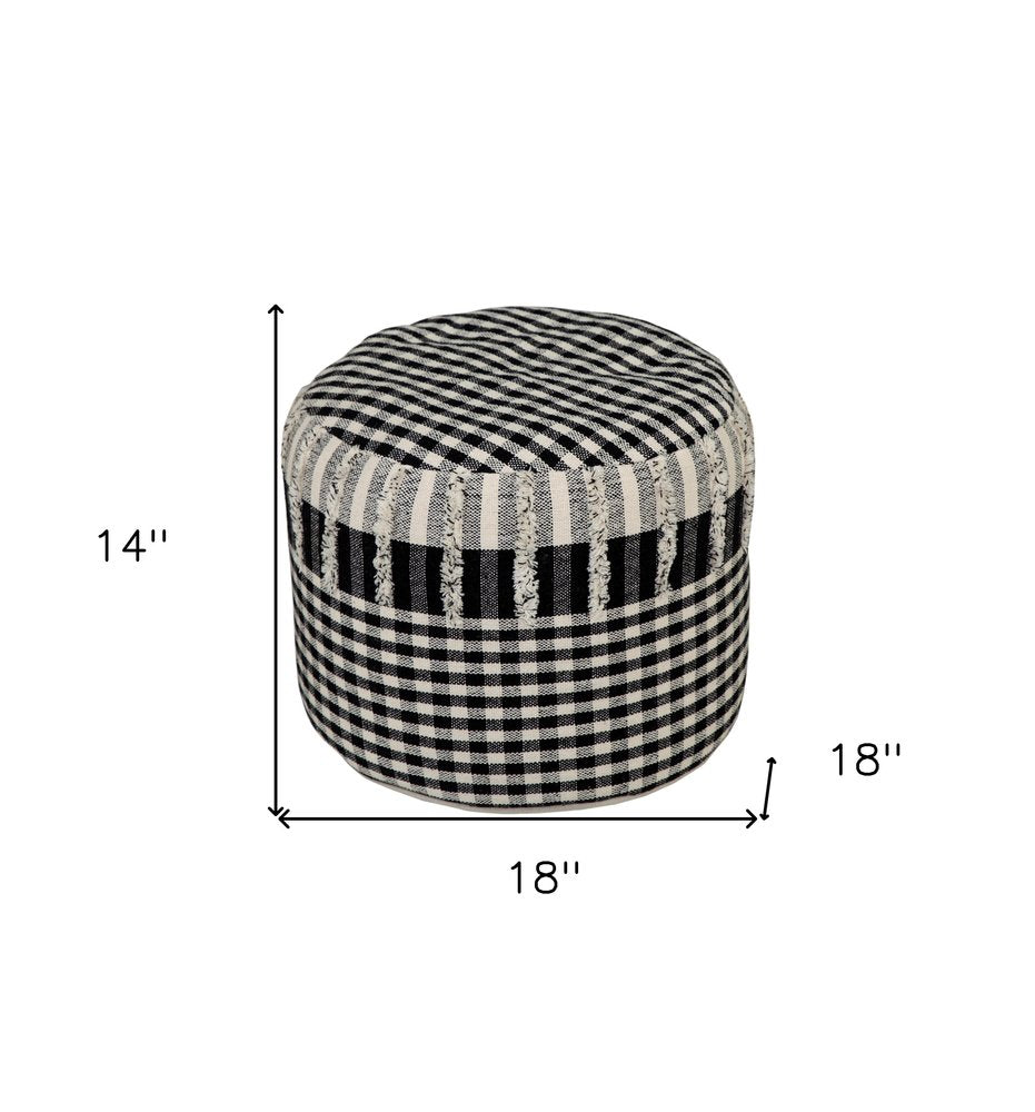 Black Cotton Cylinder Plaid Pouf Ottoman - 18-inch
