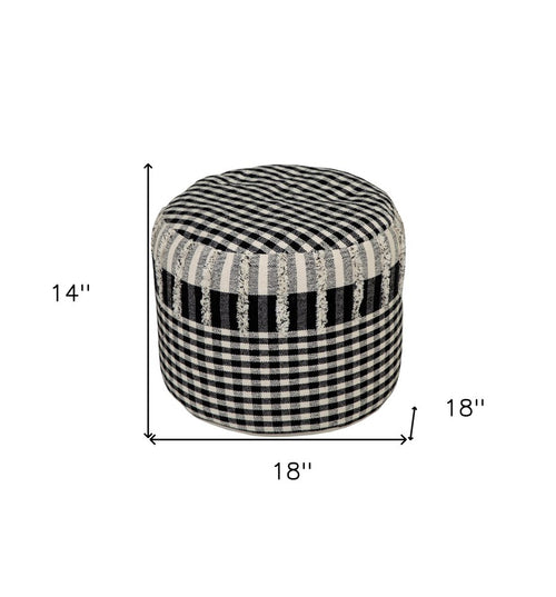 Black Cotton Cylinder Plaid Pouf Ottoman - 18-inch