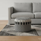 Black Cotton Cylinder Plaid Pouf Ottoman - 18-inch