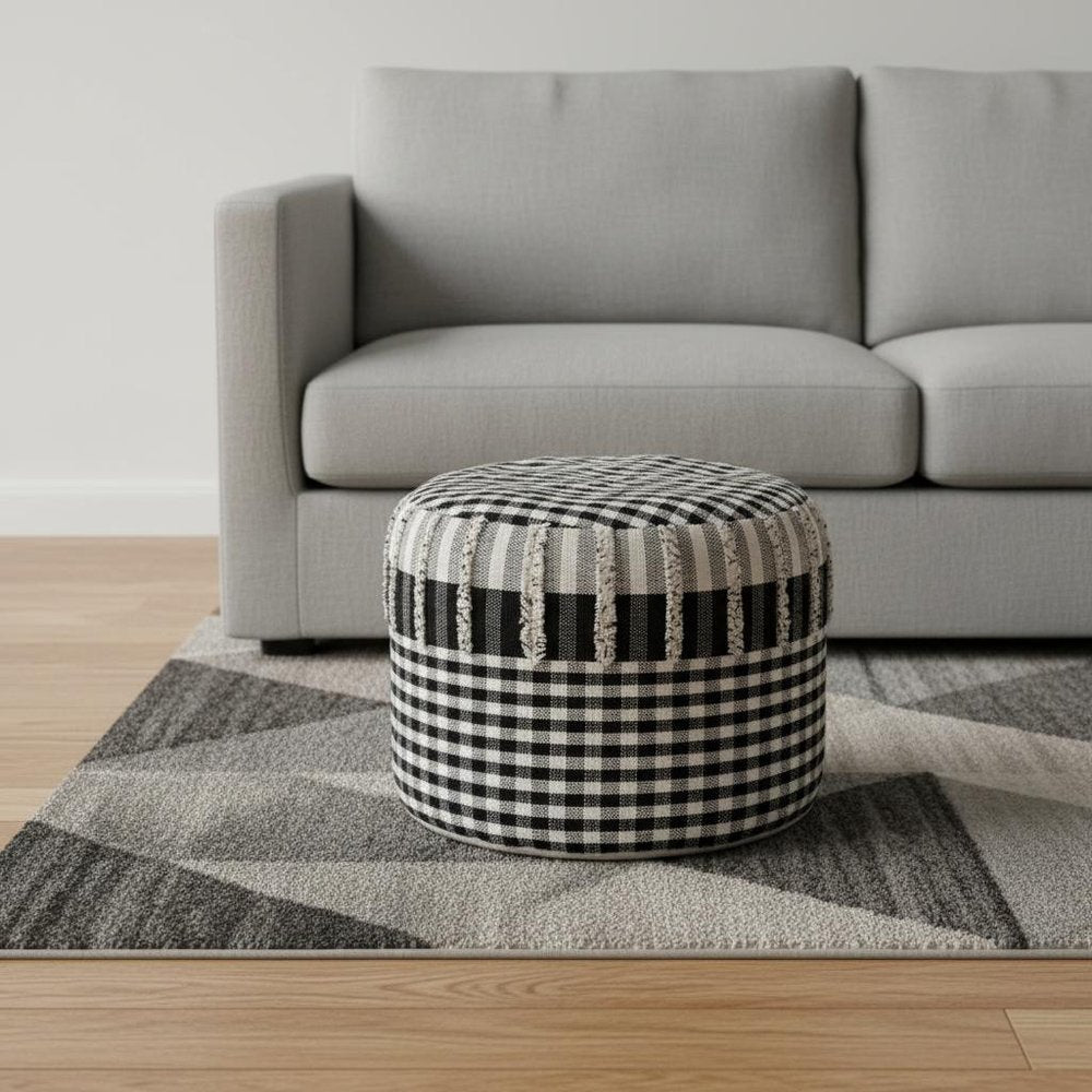 Black Cotton Cylinder Plaid Pouf Ottoman - 18-inch