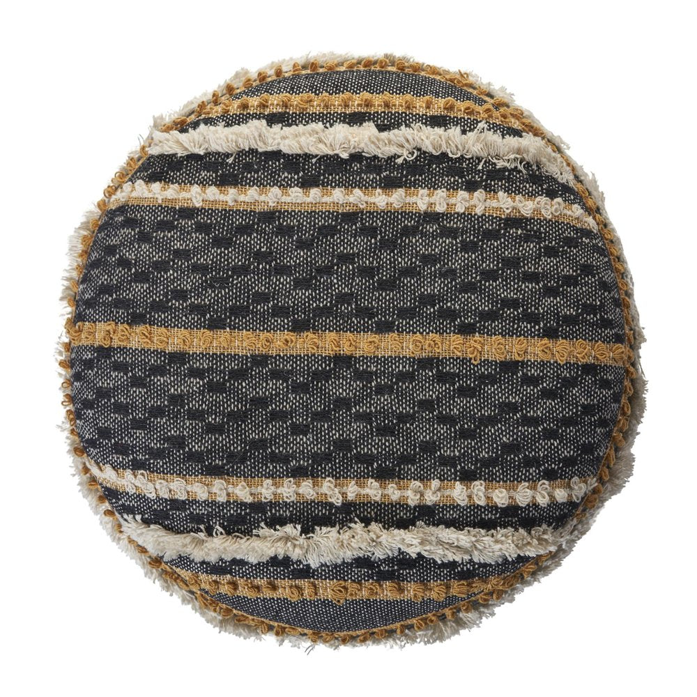 Black Cotton Striped Cylinder Pouf Ottoman - 18-inch