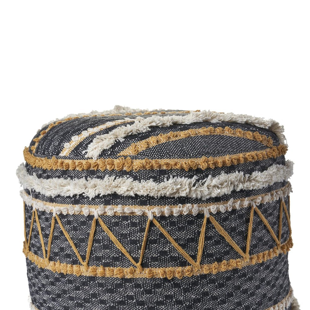 Black Cotton Striped Cylinder Pouf Ottoman - 18-inch