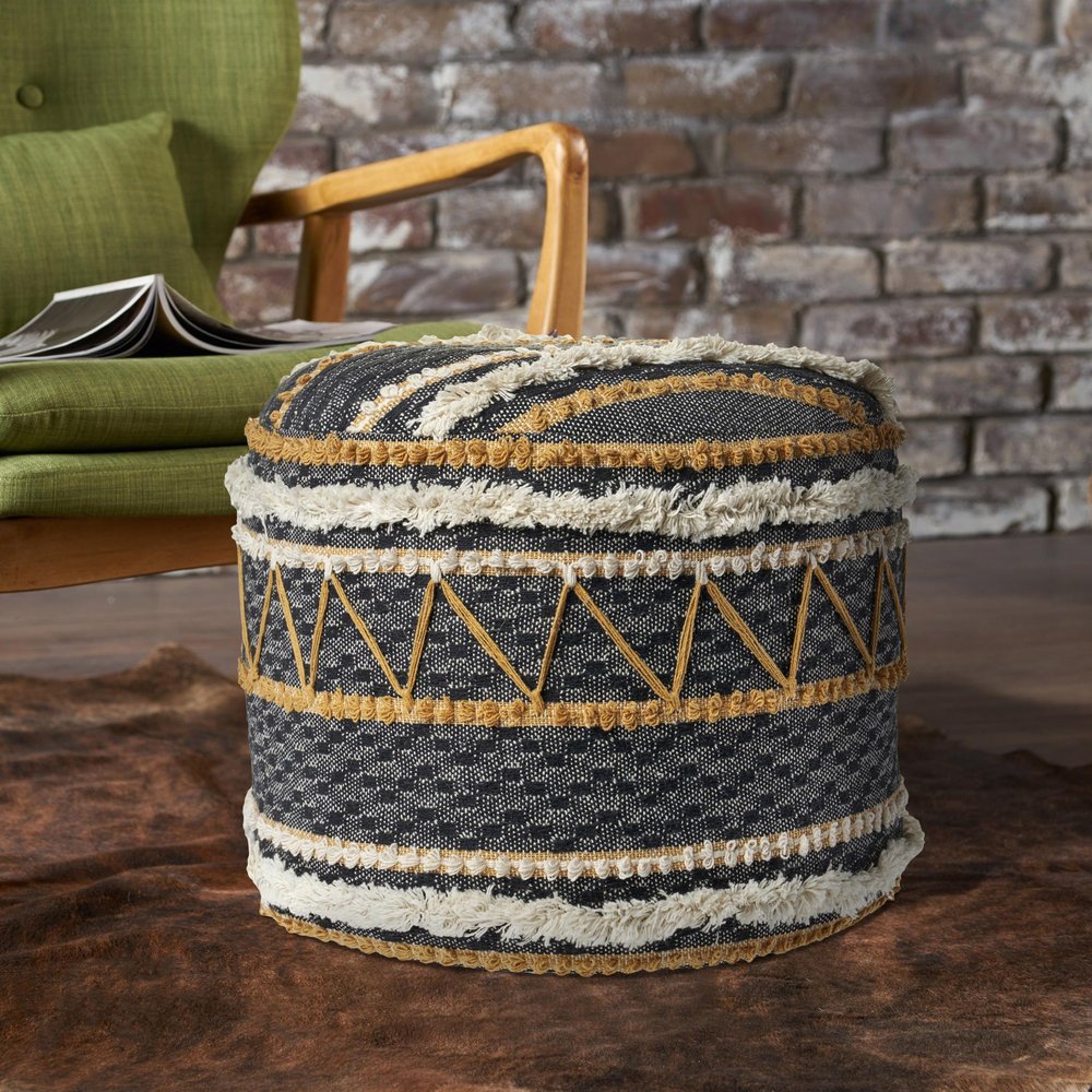 Black Cotton Striped Cylinder Pouf Ottoman - 18-inch