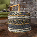 Black Cotton Striped Cylinder Pouf Ottoman - 18-inch