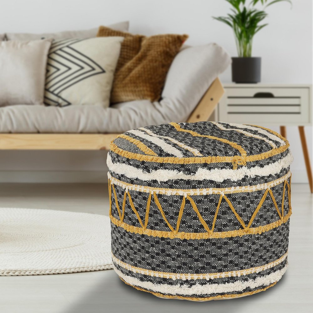 Black Cotton Striped Cylinder Pouf Ottoman - 18-inch