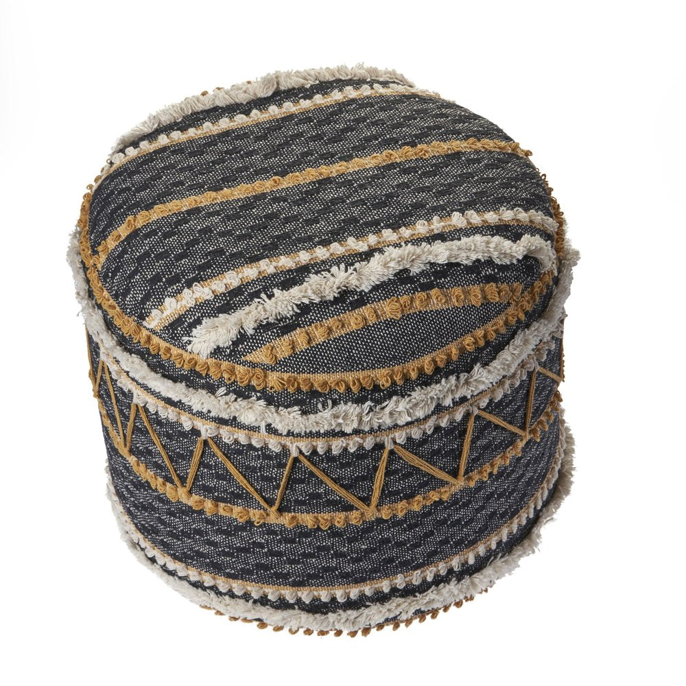 Black Cotton Striped Cylinder Pouf Ottoman - 18-inch