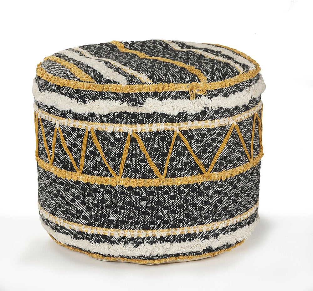 Black Cotton Striped Cylinder Pouf Ottoman - 18-inch
