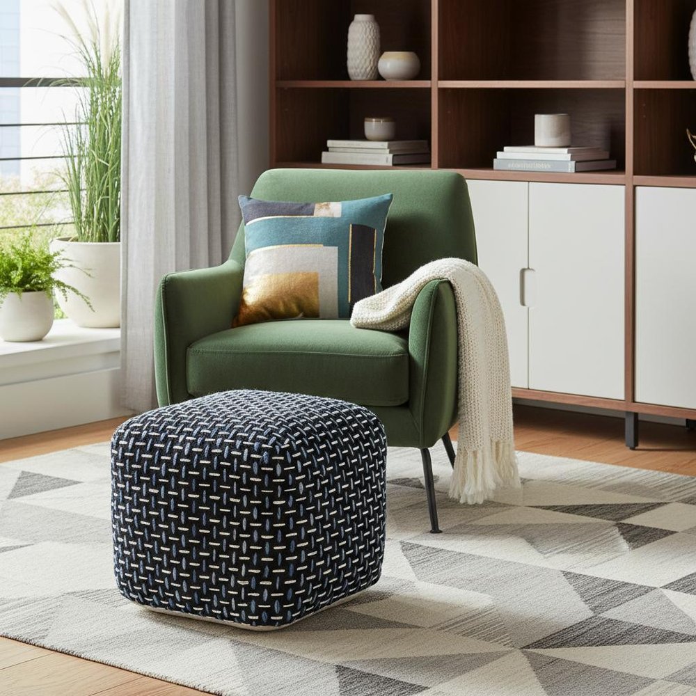 Black Upholstery Geometric Pouf Ottoman - 16-inch