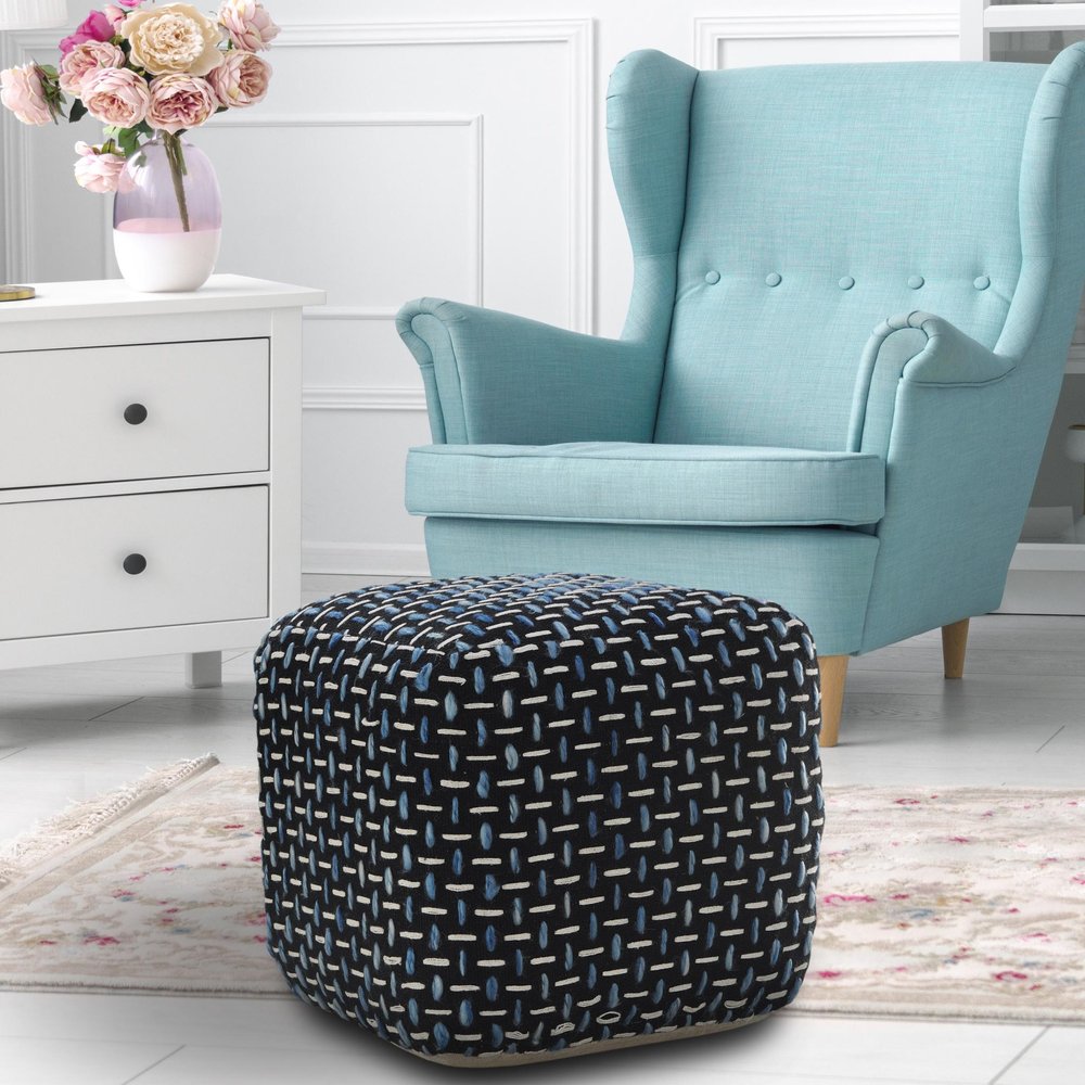 Black Upholstery Geometric Pouf Ottoman - 16-inch