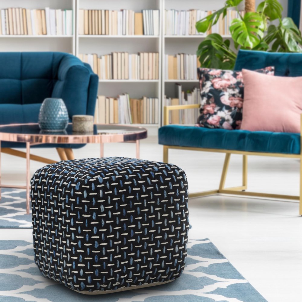Black Upholstery Geometric Pouf Ottoman - 16-inch