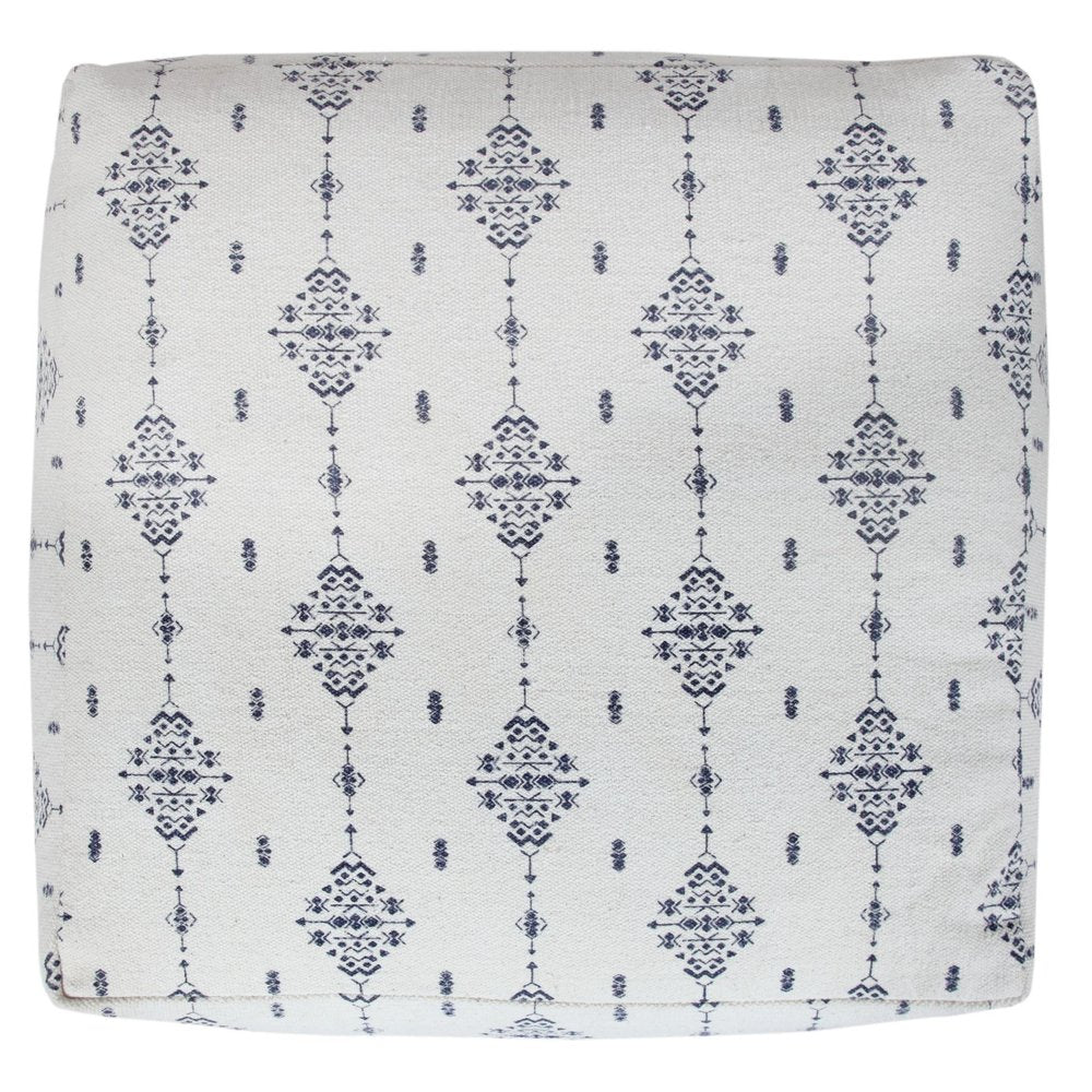 Natural and Navy Blue Cotton Medallion Pouf Ottoman - 18-inch