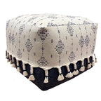 Natural and Navy Blue Cotton Medallion Pouf Ottoman - 18-inch