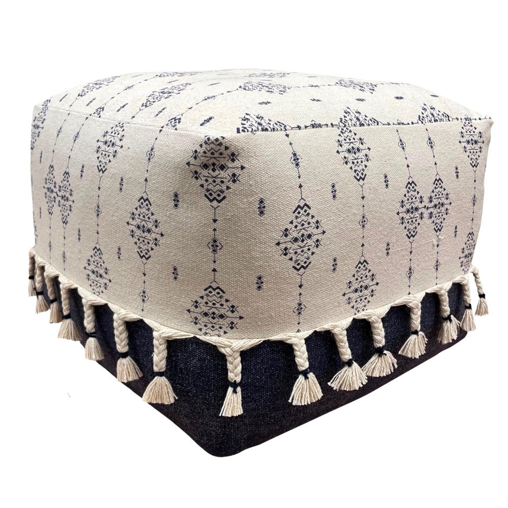 Natural and Navy Blue Cotton Medallion Pouf Ottoman - 18-inch