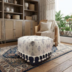 Natural and Navy Blue Cotton Medallion Pouf Ottoman - 18-inch