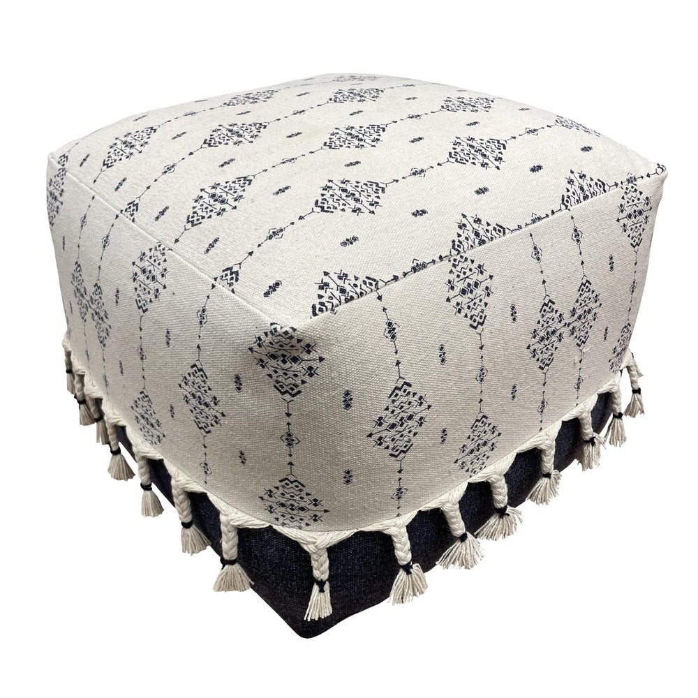 Natural and Navy Blue Cotton Medallion Pouf Ottoman - 18-inch
