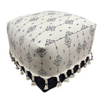 Natural and Navy Blue Cotton Medallion Pouf Ottoman - 18-inch
