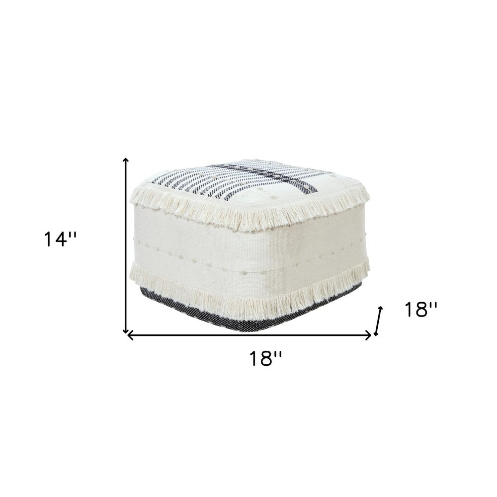 White Cotton Striped Pouf Ottoman - 18-inch