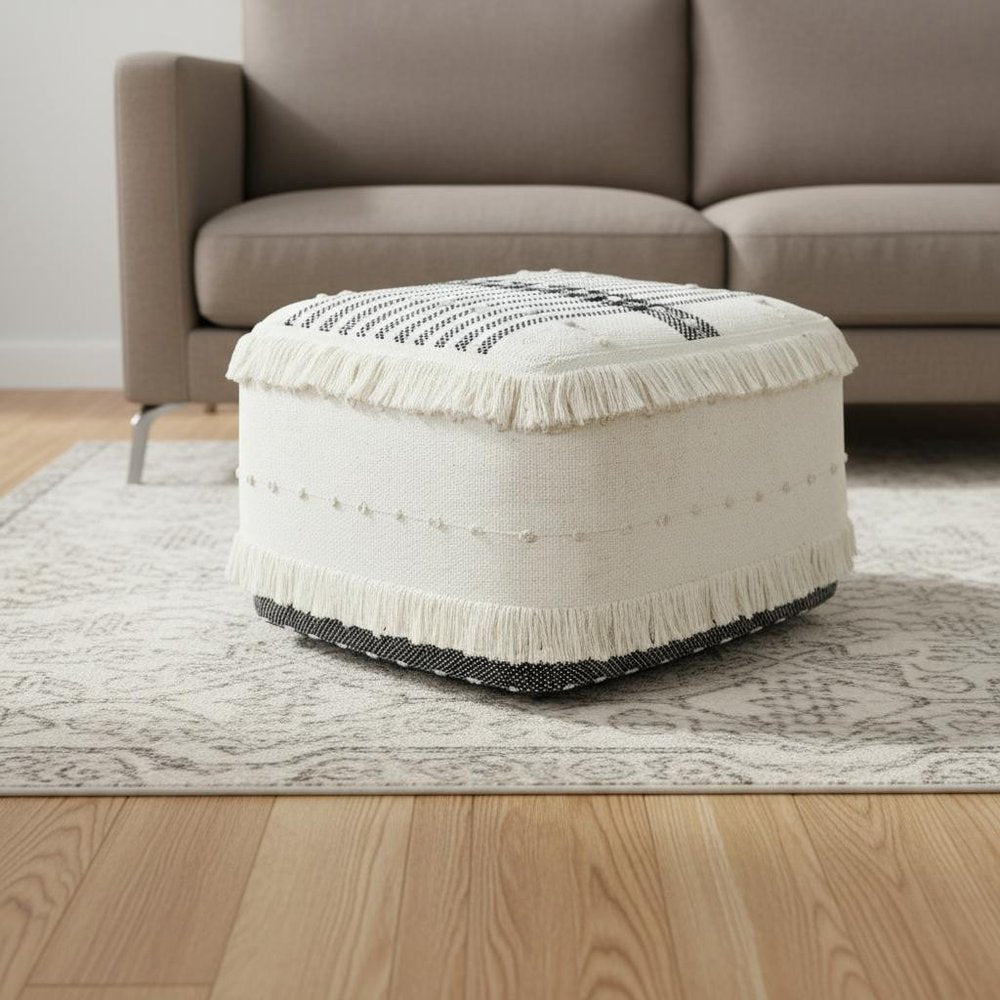 White Cotton Striped Pouf Ottoman - 18-inch