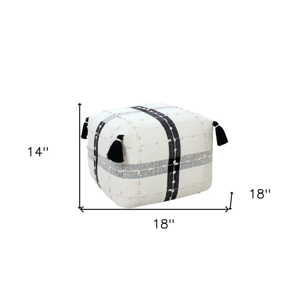 Black Cotton Striped Pouf Ottoman - 18-inch