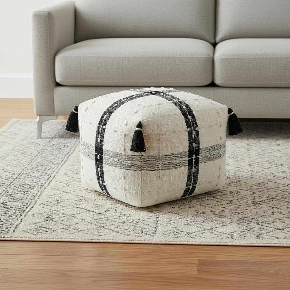 Black Cotton Striped Pouf Ottoman - 18-inch