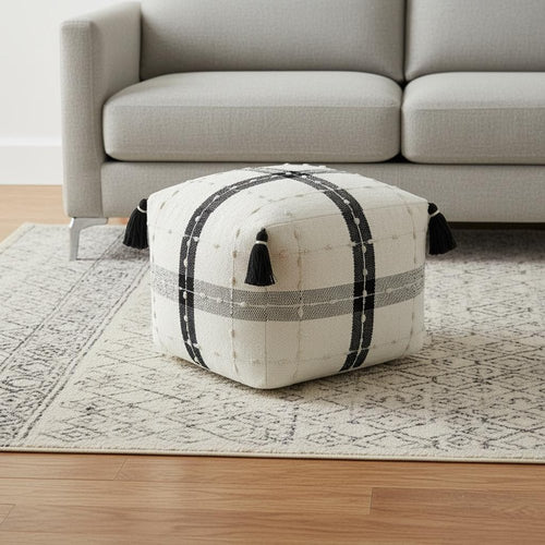 Black Cotton Striped Pouf Ottoman - 18-inch