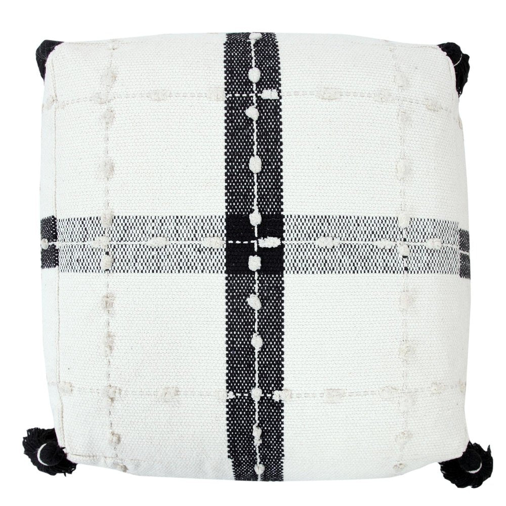 Black Cotton Striped Pouf Ottoman - 18-inch